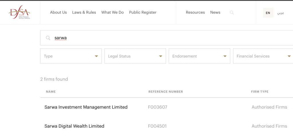 Sarwa dfsa regulation